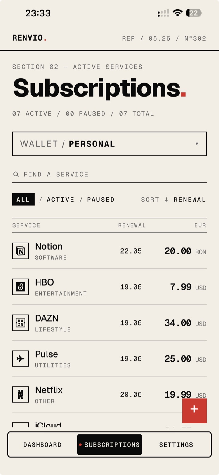 Renvio subscriptions list with renewal dates and amounts